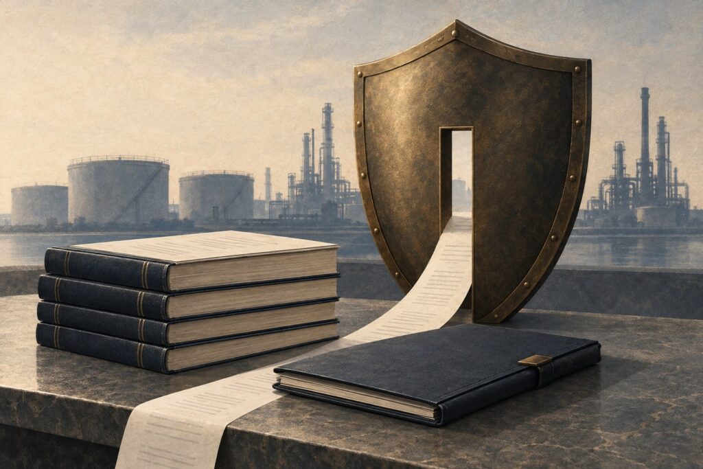 A bronze shield with an open doorway through which a ribbon of paper passes, beside a stack of law reports, with an oil refinery in the background